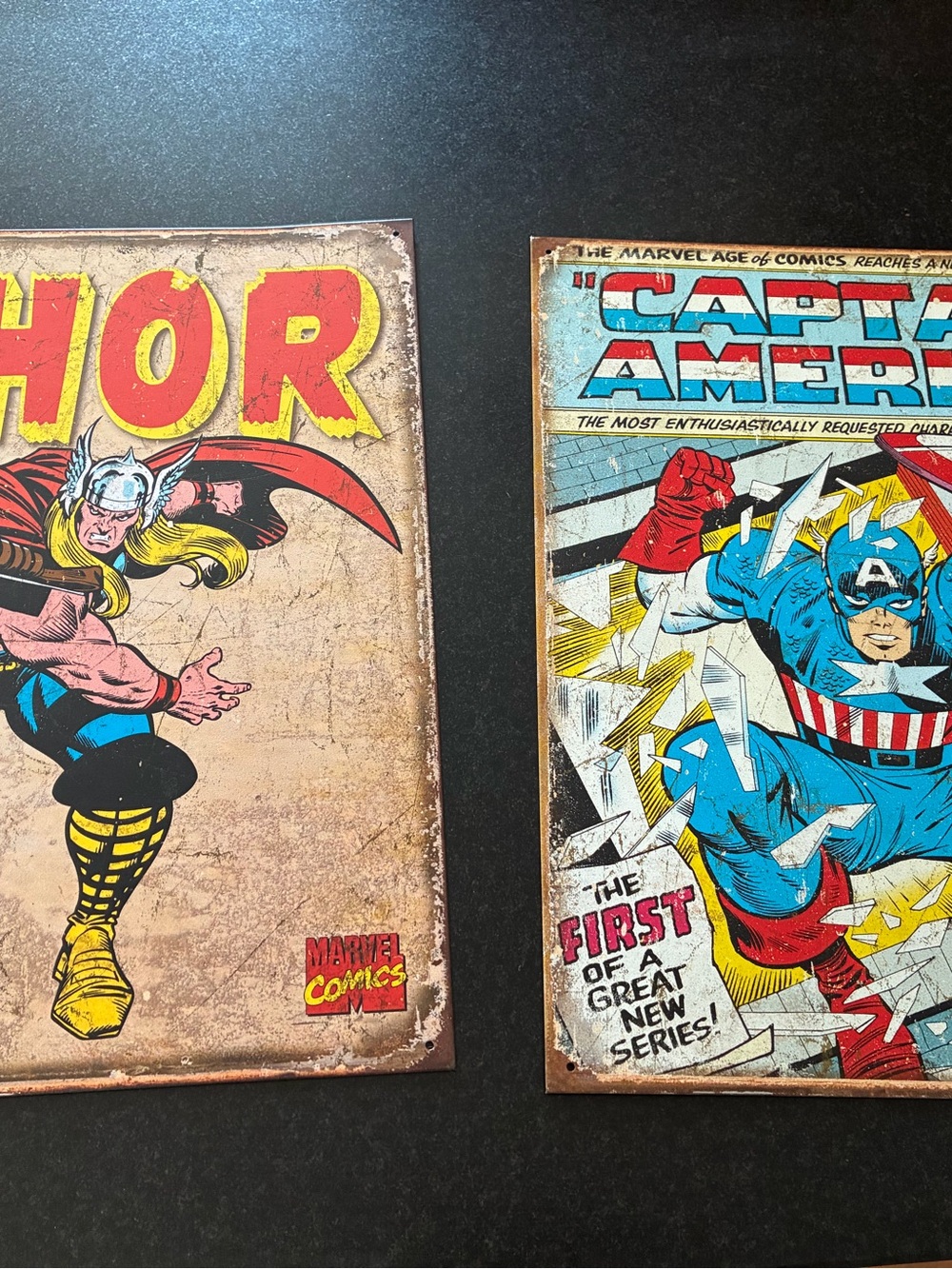 Thor & Captain America Vintage Style Comic Art Metal Signs - Red, Blue, Yellow